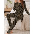 thumbnail image 3 of Women's Milk Silk Sleepwear Long Sleeve Pajama Set Black Gold Geometric 2 Piece Loungewear, 3 of 7