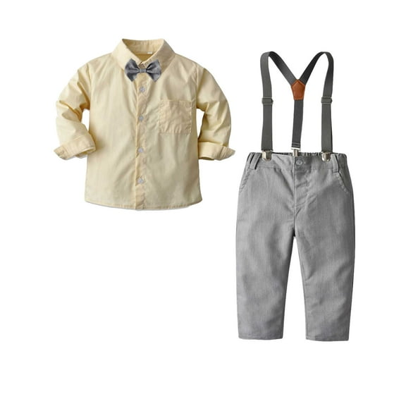 VERUGU Toddler Boy Outfits Newborn Infant Clothes Winter Long Sleeve Solid Tops with Bow Tie Suspender Trousers Gentleman formal Clothes Two-Piece Set