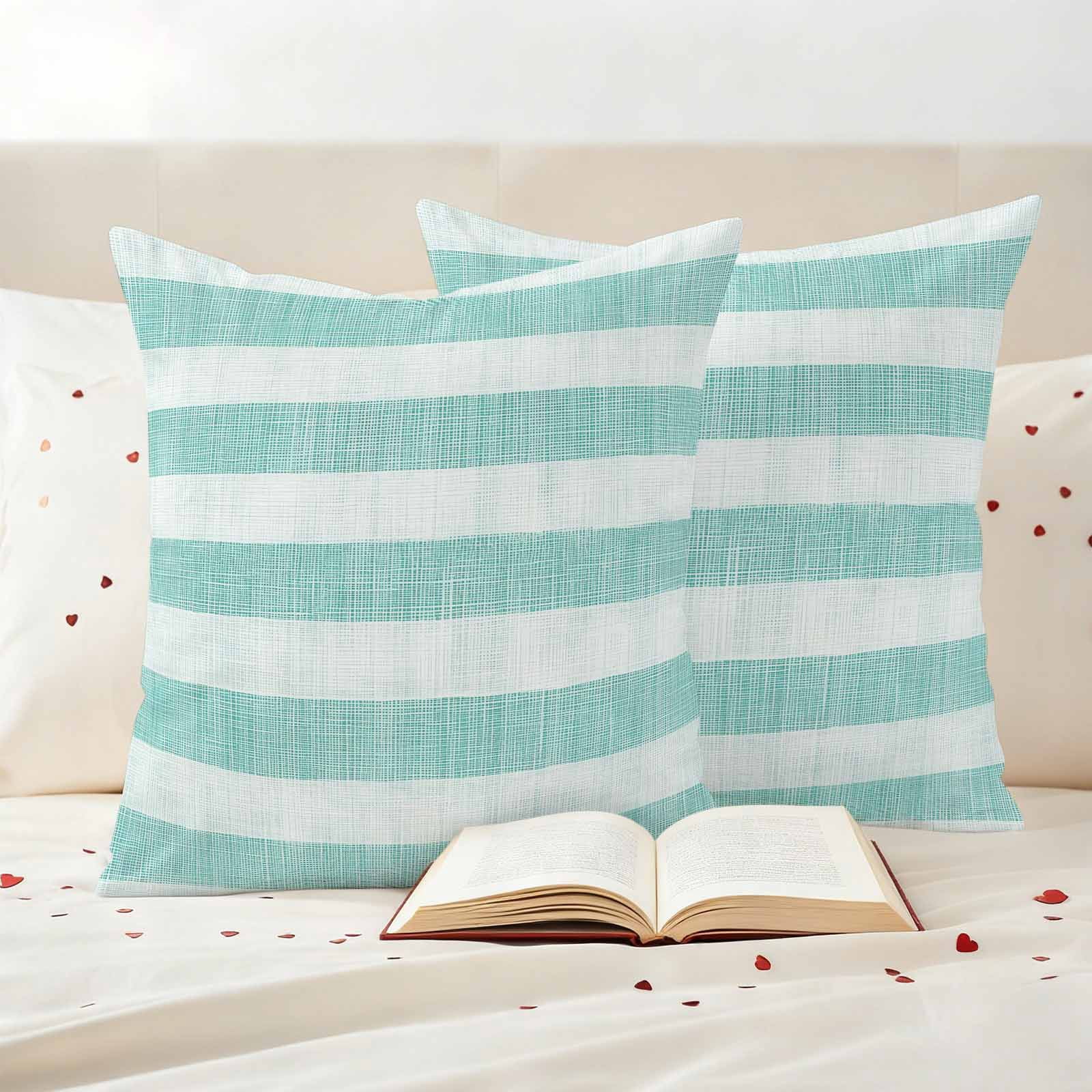 Aqua Striped Outdoor Waterproof Pillow Covers, Rustic Farmhouse Stripes Decorative Square Throw Pillowcase Sofa Cushion Sham for Patio/Couch/Chair, 18"x18" 2 Pack