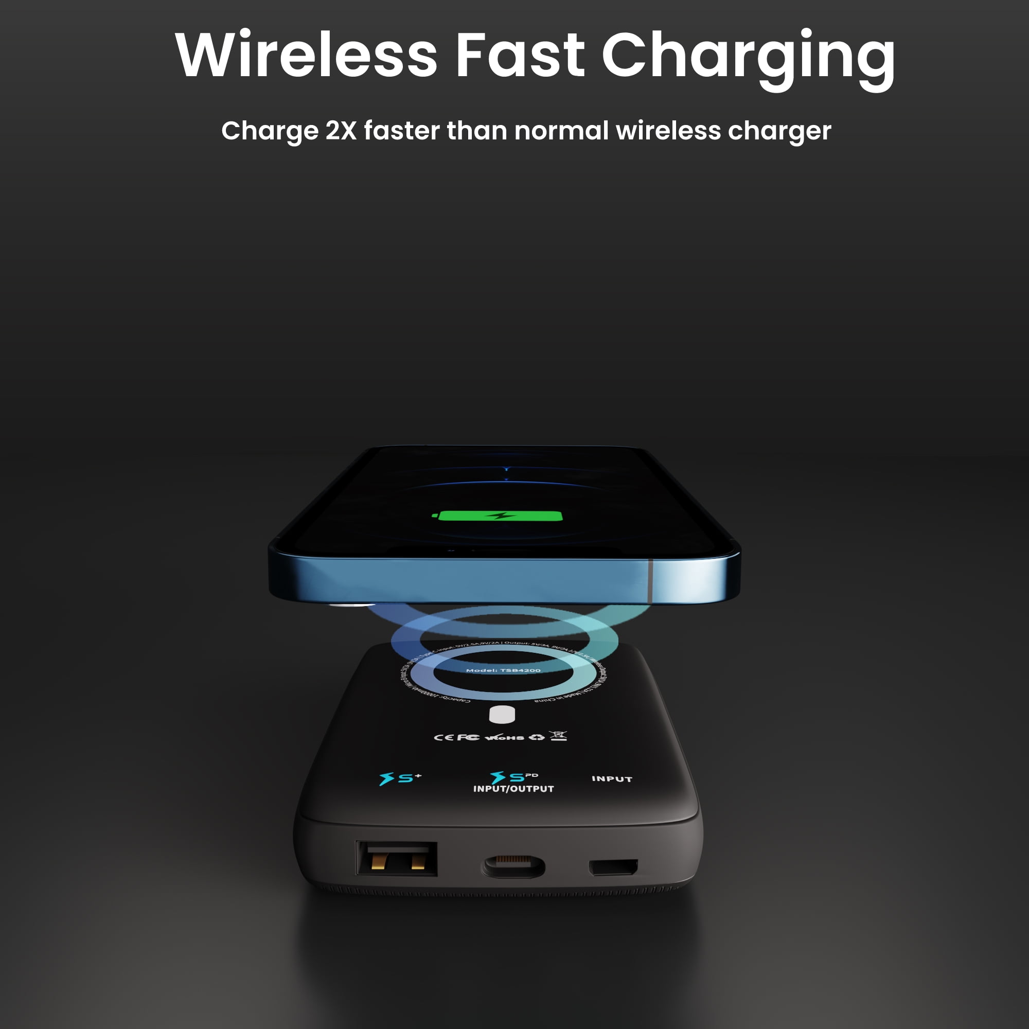 Techsmarter Magnetic 10000mAh Wireless Power Bank, 18W USB-C PD Portable Charger. Compatible with iPhone 14, 13, 12 Only