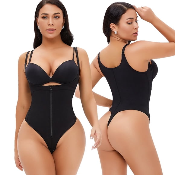 Women Latex Waist Trainer Bodysuit Slim Zipper and Hook Shapewear Open Bust Corset Tummy Control Compression Underwear Thong