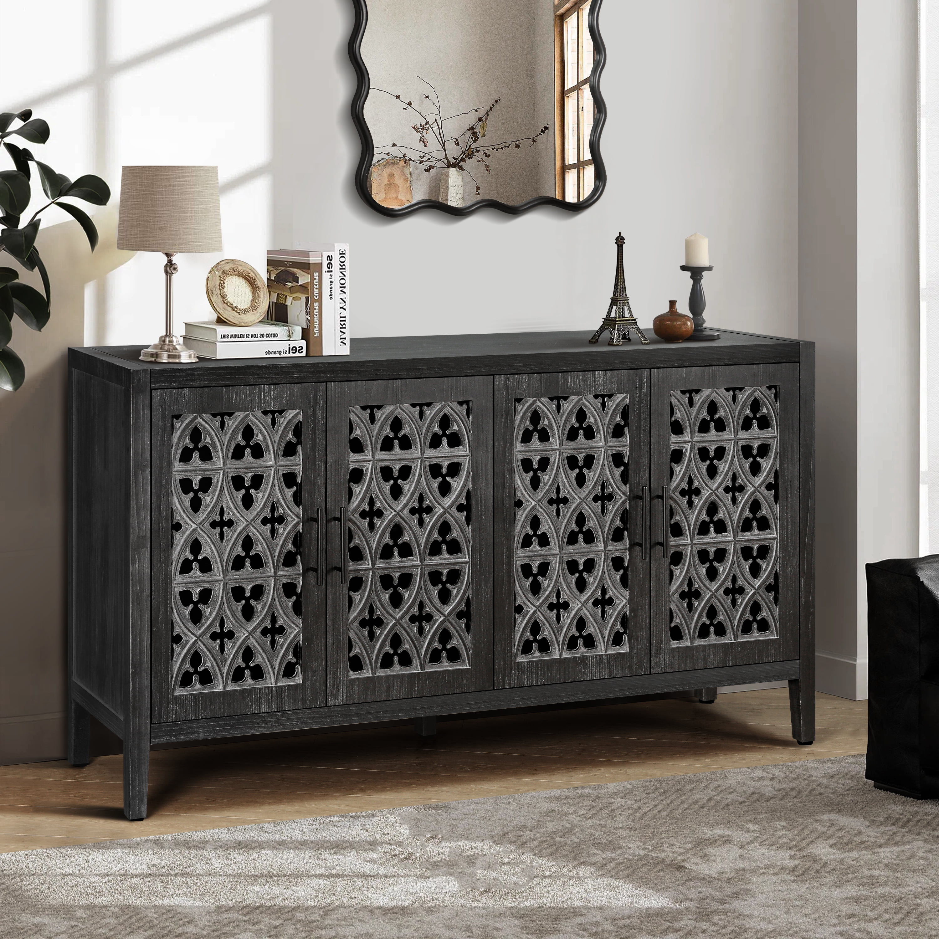 Lunale Retro Hollow Carved Storage Cabinet, American Country Style Sideboard, Suitable for Living Room, TV Cabinet, Kitchen, Antique Black