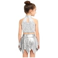 thumbnail image 6 of iiniim Girls 2 Piece Jazz Latin Dance Outfit Sequin Sleeveless Crop Top with High Low Mini Skirt for Disco Hip Hop Dancewear Silver 14, 6 of 7