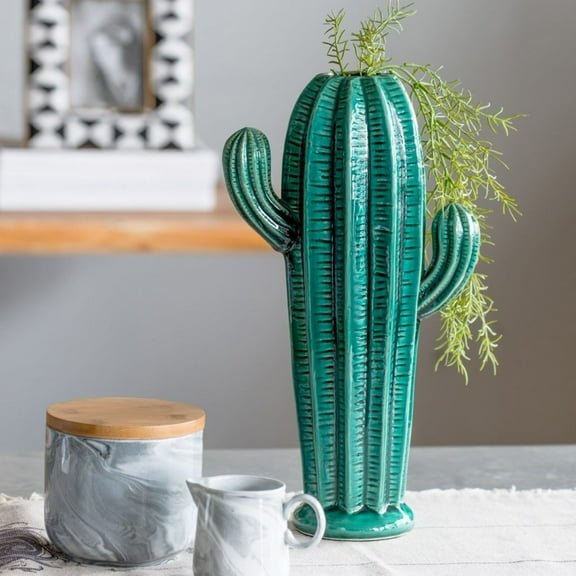 CC Home Furnishings Large Prickly Ceramic Cactus - 14" - Teal Green