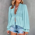 thumbnail image 5 of QQAMB Women's Blouse Lace Solid Color Long Sleeve Top Tie Front Blouses V-Neck Lantern Shirts, 5 of 8