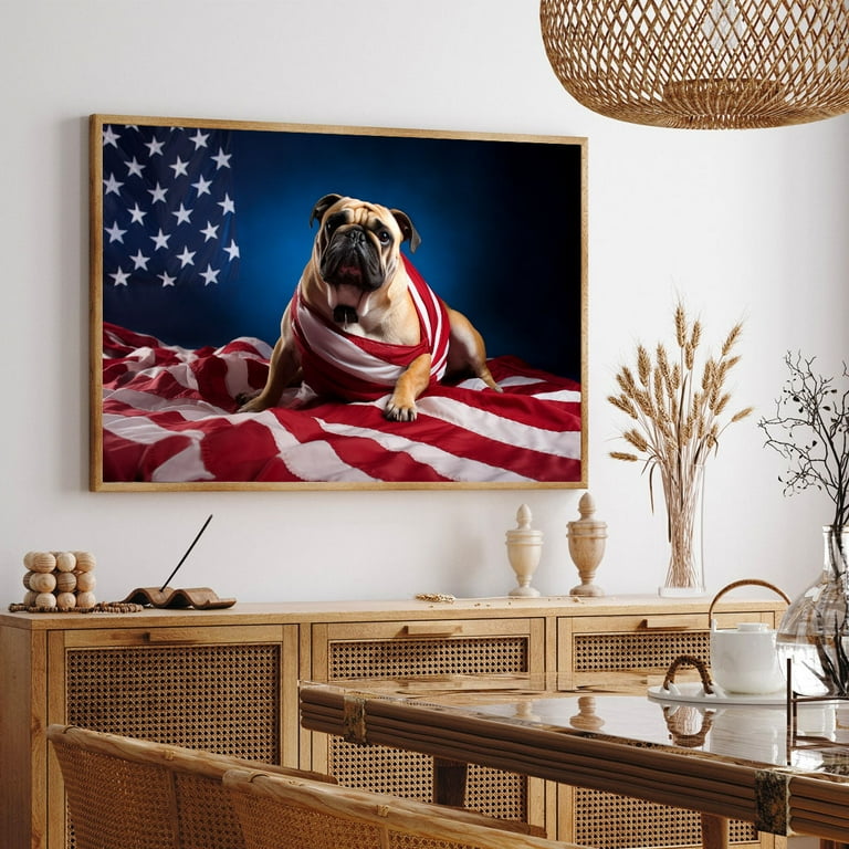 Bulldog Dog American Flag Canvas Poster Wall Art Dog Pictures for
