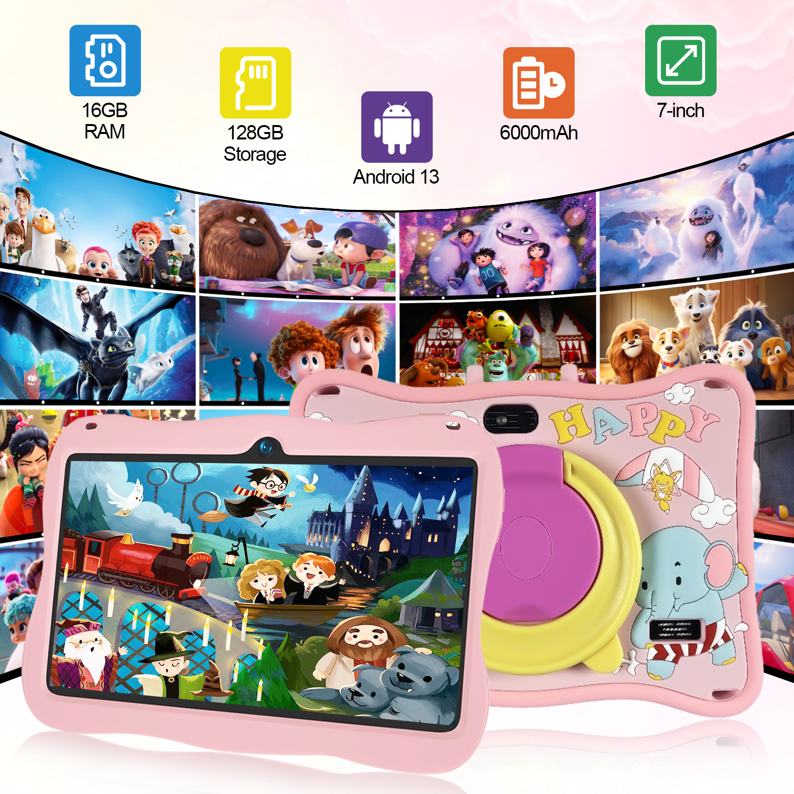 Kids Tablet,Android Toddler Tablet, 128GB Storage, Dual Camera, Shockproof Case, Parental Control Tablets Support