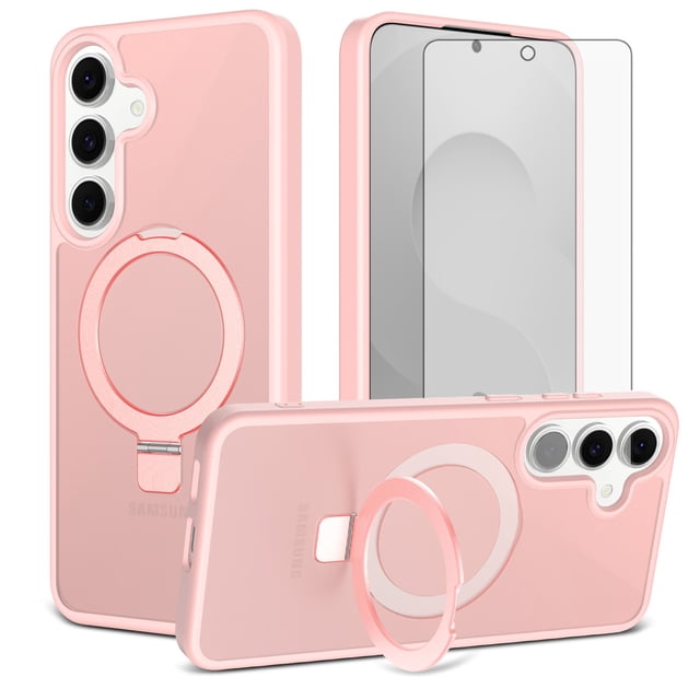 Asuwish Phone Case for Samsung Galaxy S25 FE 5G Tempered Glass Screen Protector Magnetic Folding Stand Frosted Translucent Rugged Shockproof Protective Cell Cover S 25 EF AI S25FE 25S Women Men Pink