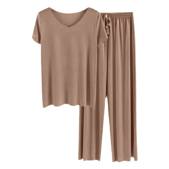 Women's Summer Loungewear Set - Seamless Trousers, Soft Pajamas, Solid Color, Relaxation