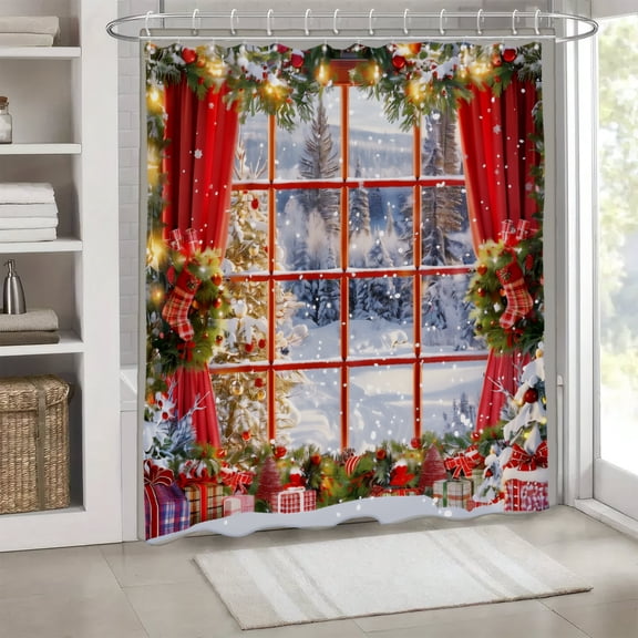 Joocar Shower Curtain Set Christmas Window Snowy Scene Print Polyester Shower Curtains for Bathroom 72x72 inch
