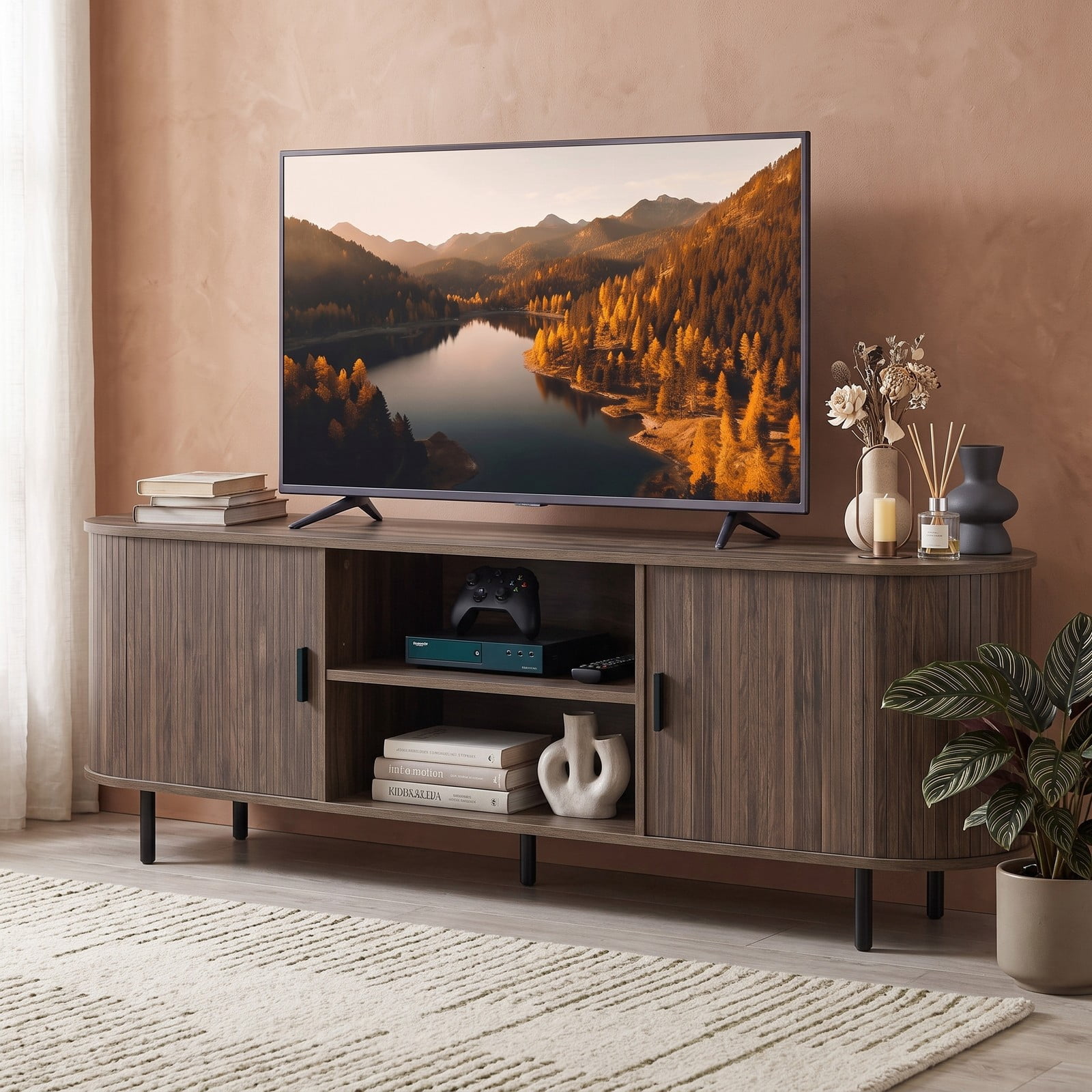 Furnibear 80 Inch TV Stand Mid Century Modern Entertainment Center with Fluted Sliding Doors, Wood Media Console Table with Storage Shelves for Living Room, Walnut