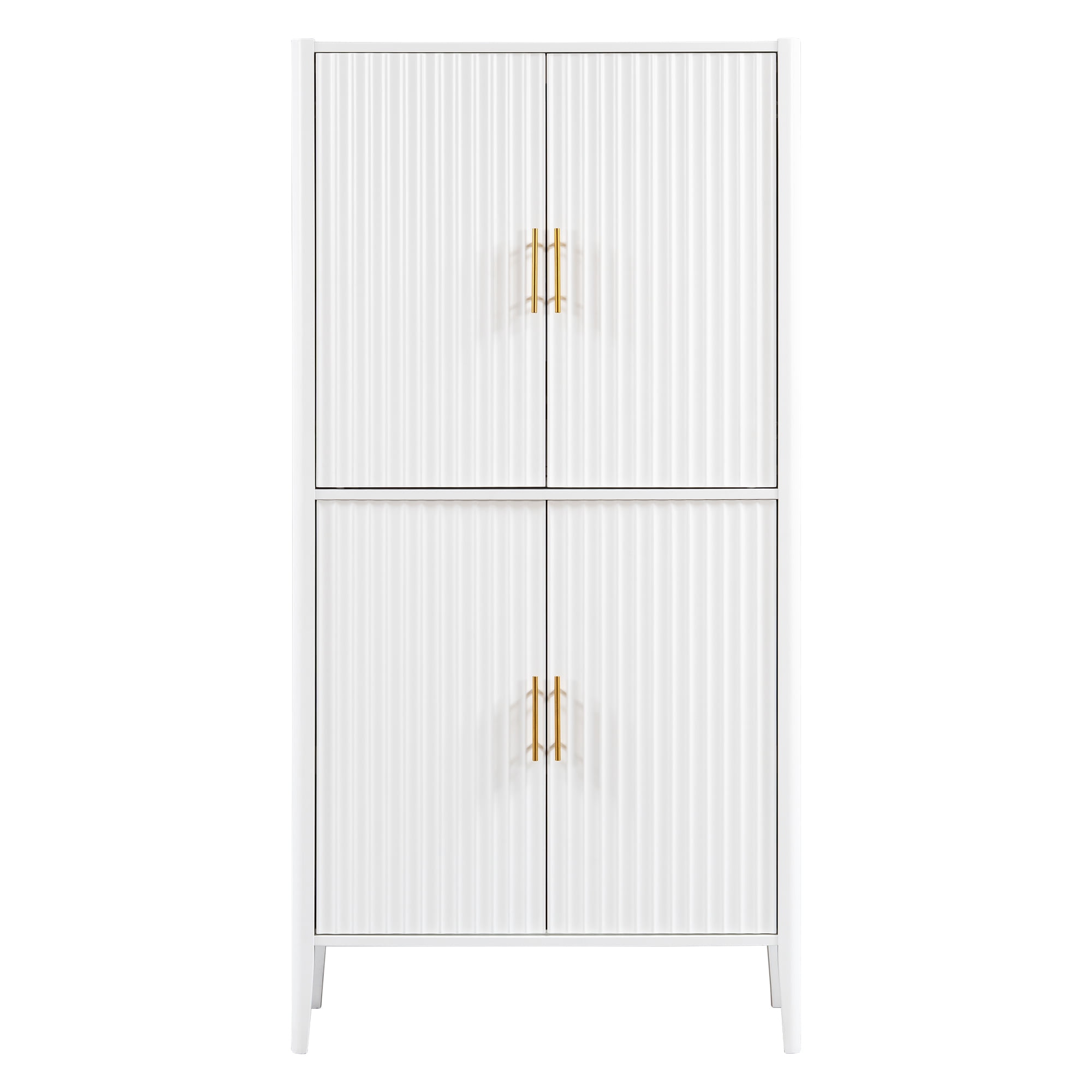 Mintazer 71" Tall Fluted Home Bar Wine Cabinet with 4 Door & Drawer, Modern LED Light Freestanding Storage Cabinet with Glass Rack & Adjustable Shelves for Dining Room Living Room, White