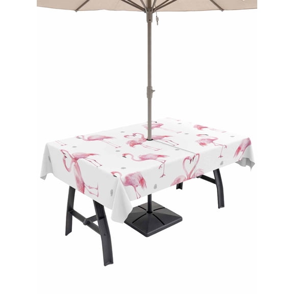 Outdoor Tablecloth with Umbrella Hole for Patio/Picnic/Party/Camping, Pink Flamingo Waterproof Table Cloth Rectangle Table Cover Washable, Summer Tropical Animals (60"x 102")