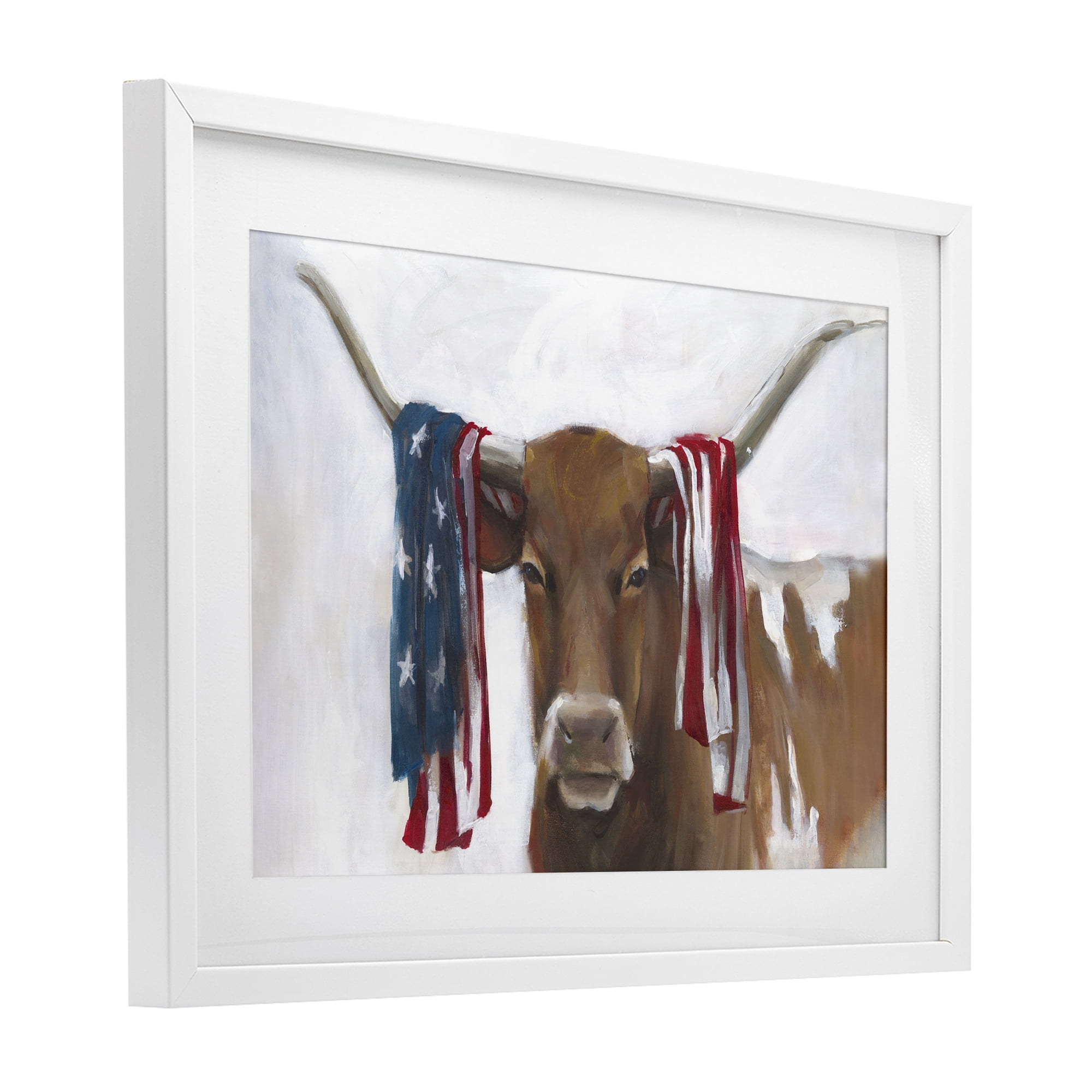 Stupell Industries Patriotic Longhorn with Flag White Framed Print Under Glass, design by White Ladder