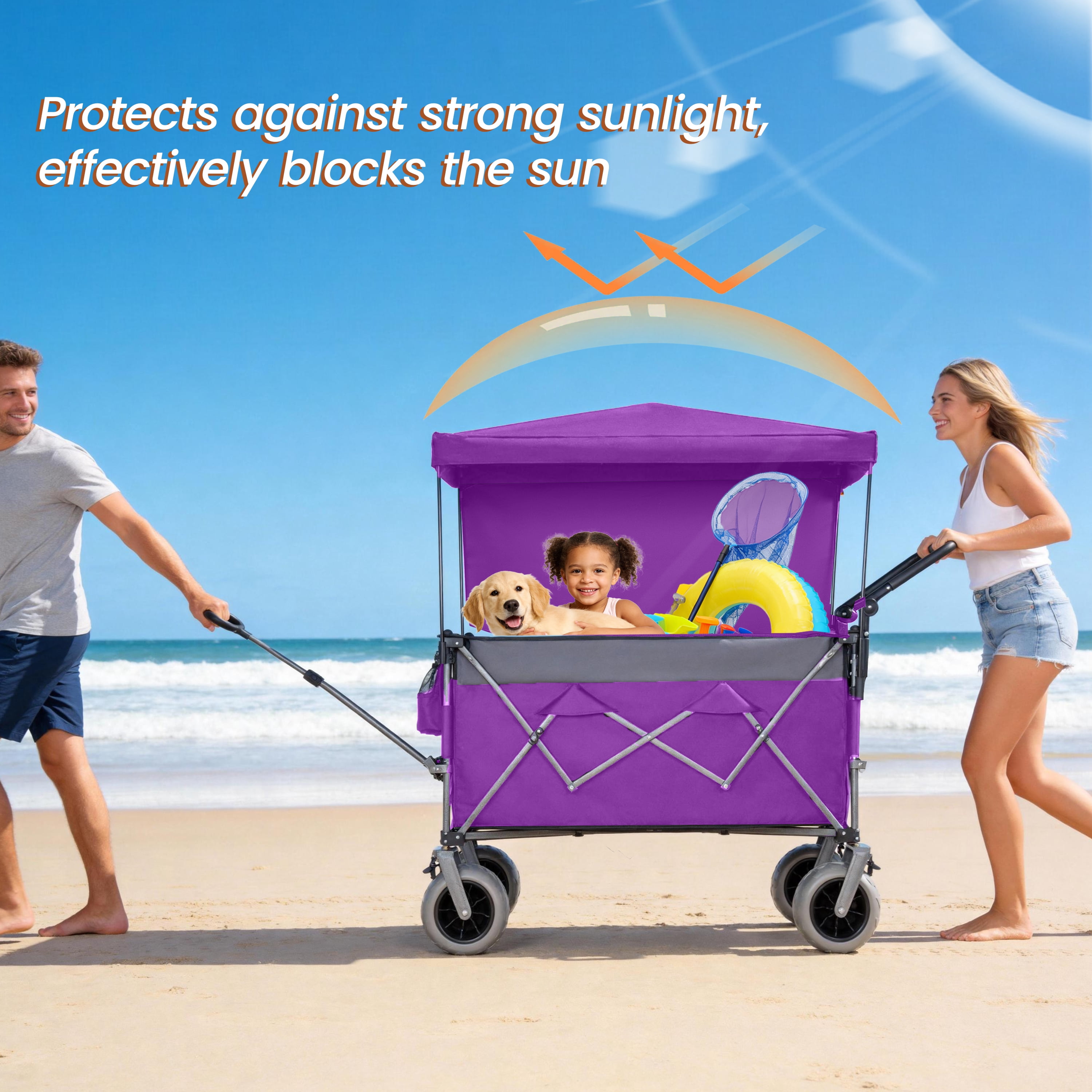 Multi-Functional Push-Pull Folding Wagon Cart with Rotating Handle & Removable Canopy, All-Terrain Beach Tires, 300L Large Capacity Collapsible Utility Cart for Camping, Groceries, Outdoor Use
