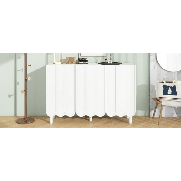 MAYEERTY Cream Style Minimalist Shoe Cabinet with 5 Solid Wood Legs, Sideboard Buffet Cabinet with Adjustable Shelves, Large Storage Cabinet with Wave Doors for Living Room, White