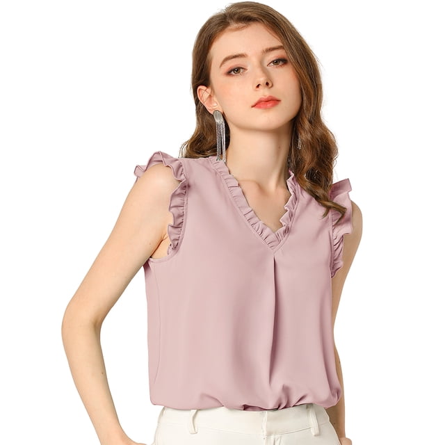 Allegra K Blusas vintage sin mangas con volantes para mujer Tops de trabajo con ribete de volantes Rosa S