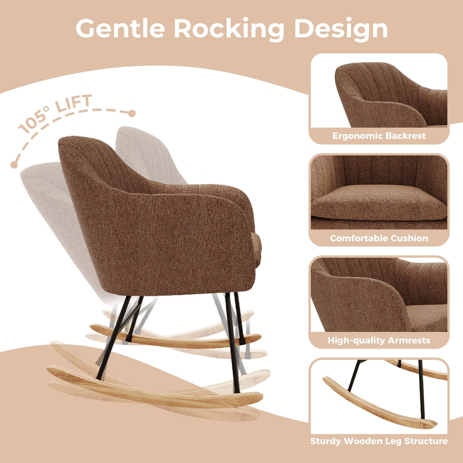 Rocking Chair Nursery, Teddy Baby Nursery Rocking Chairs, Office Chair with Chenille Upholstery,Glider Chair with Armrests and Upholstered Pad, Bedroom Rocker Chair for Baby & Kids