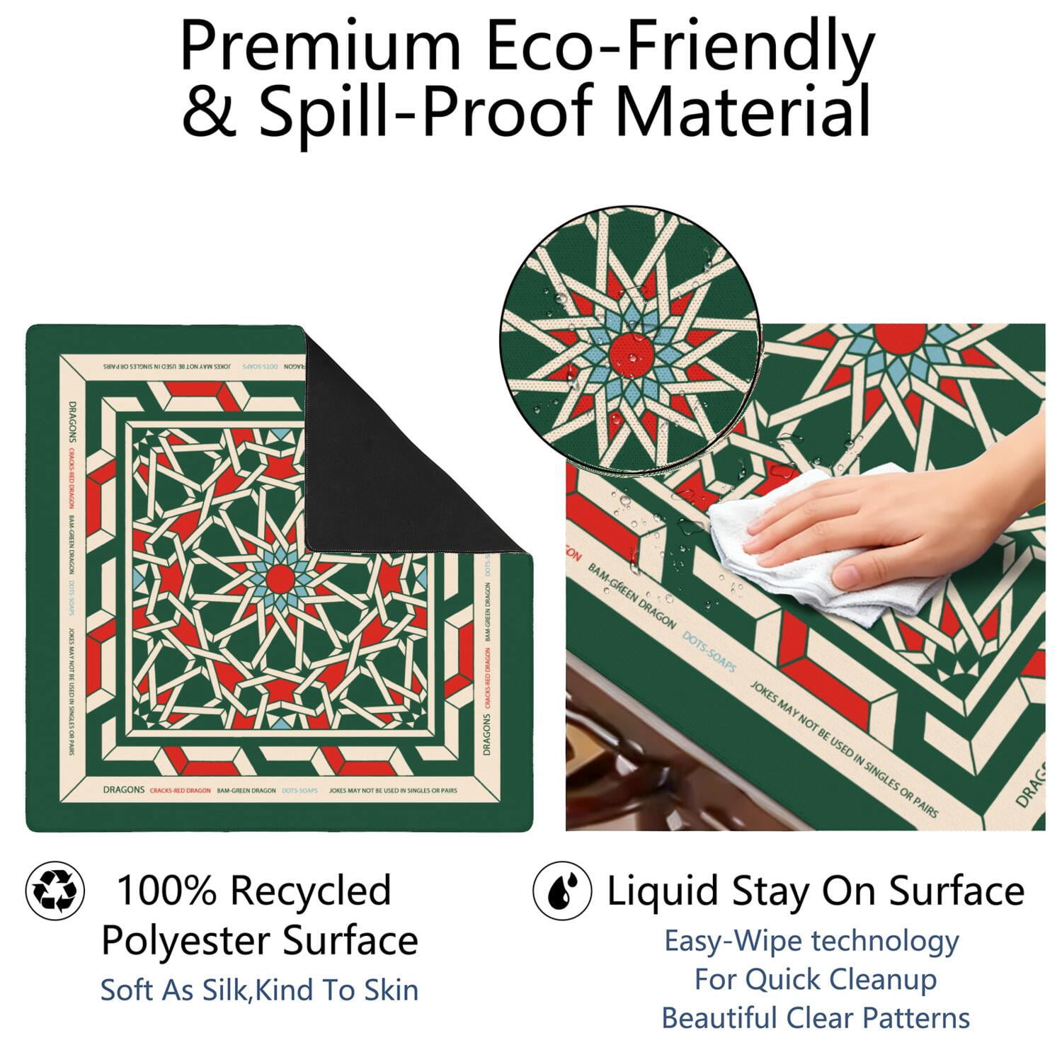 Green Mahjong Mat with Rules, 31.5*31.5in Anti Slip American Mahjong Mat for Table, Noise Reduction, Neoprene Mah jongg Mats with Carrying Bag & 3 Dices, Mahjong Supplies Gift, Board Tile Games Mats