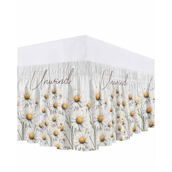 Daisy Bed Skirt King Size 18 Inch Drop, Watercolor Flowers Adjustable Elastic Dust Ruffles Bedskirt for King Bed Wrap Around Pleated Mattress Frame Cover