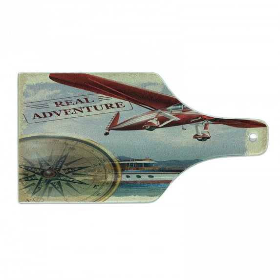Saying Cutting Board, Real Adventure Words Coastline and a Red Airplane Journey Travel Themed Art, Decorative Tempered Glass Cutting and Serving Board, Wine Bottle Shape, Multicolor, by Ambesonne