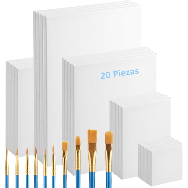 20 Piezas Lienzo para Pintar, Juego de Lienzos Para Pintar con 10 Pinceles, 40 x 30, 30 x 25, 25 x 20, 20 x 15, 10 x 10 CM, Canvas para Pintar para Artistas Profesionales y Principiantes