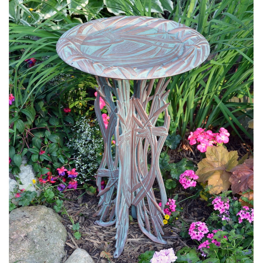 Dragonfly Birdbath and Pedestal, Copper Verdigris by