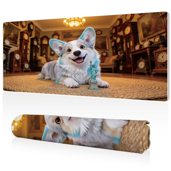 LIVEKEY Corgi in Clock Room Mouse Pad 80x40x0.3cm Extra Large Full Desk Coverage Non Slip Durable Easy Clean Stitched Edges for Gaming and Office with Statue of Liberty Decor