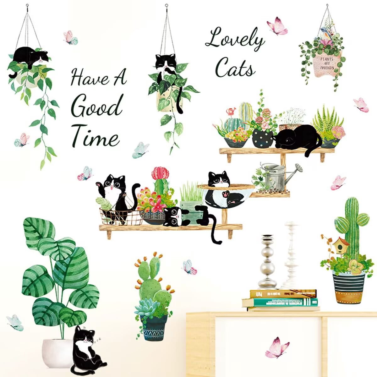 Green Potted Plant Cactus Wall Decal Cute Black Cat Stickers, Creative Tropical Bonsai Flower Cactus Wallpaper, Removable Animal Art Mural for Bedroom Kitchen Nursery Home Decoration