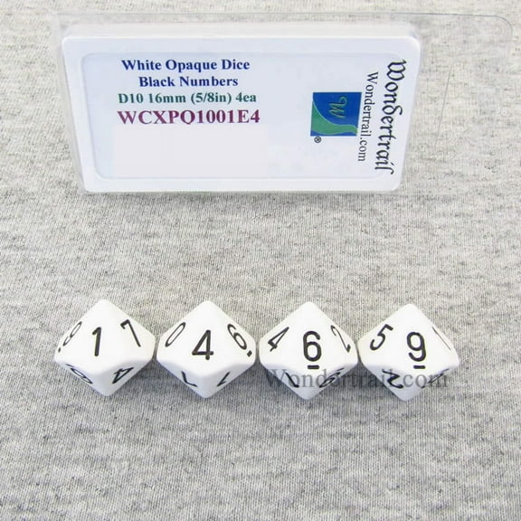White Opaque Dice with Black Numbers D10 Aprox 16mm (5/8in) Pack of 4 Wondertrail