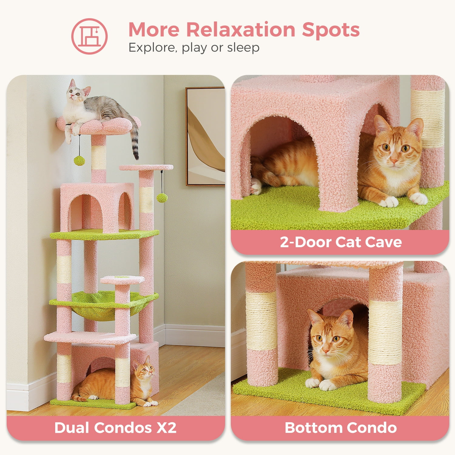 Pefilos 53" Tall Cat Tree Tower with Spacious Hammocks, Condos and Scratching Posts, Cat House with Dual Padded Perches for Indoor Large Cats, Pink