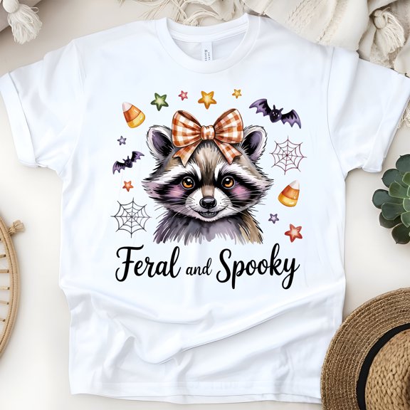 Feral and Spooky Raccoon Face T-Shirt | Cute Halloween Fall Animal Bow Tee, White, Size S