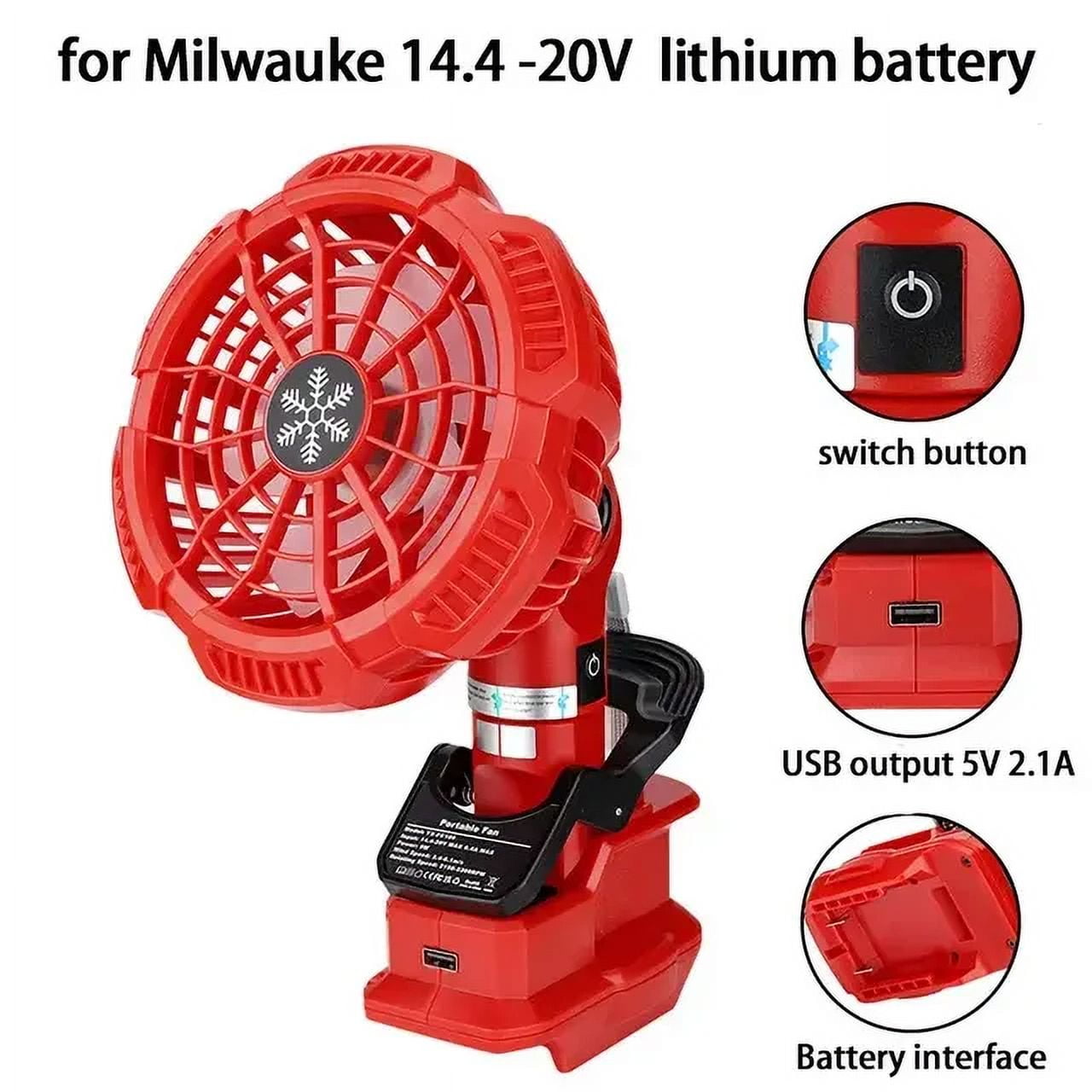 Power Tool Parts Electric Clip Fan Desk Fan for Mil*wau*kee 18V Battery with 3 Energy Efficient Speed for Outdoor Camping and Job Site