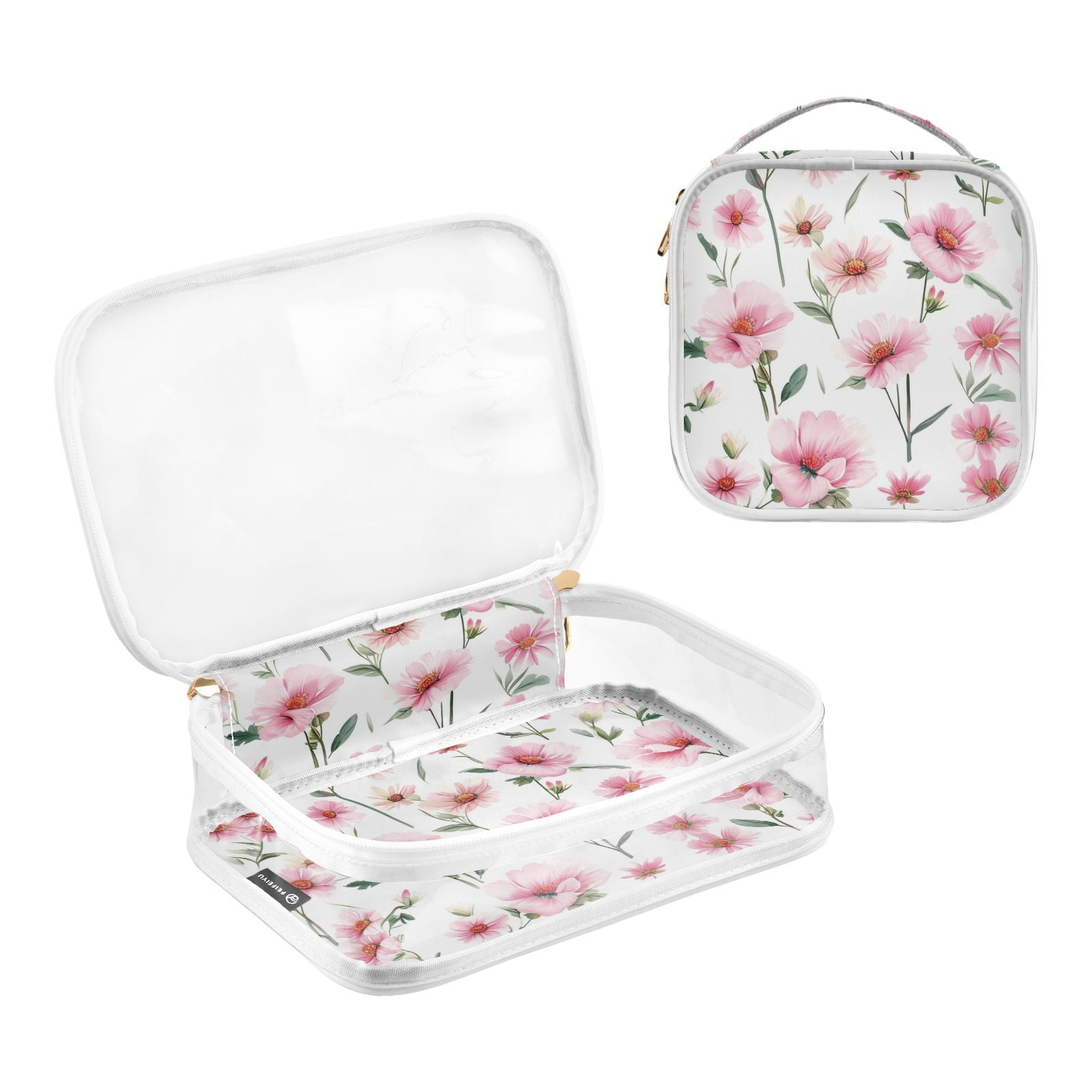 Clear Makeup Bags with Handle Large Opening 2 Pack Set Toiletry Bag Quart Size Bag, for Women Man Traveling Travel Essentials, Toiletries and Other. Pink Daisy