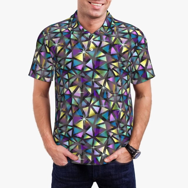 Saiise Polo de Golf pour Hommes à Imprimé Triangles Violet-Or, Évacuation de l'Humidité, Séchage Rapide, Polo de Performance à Imprimé pour Hommes - Grand