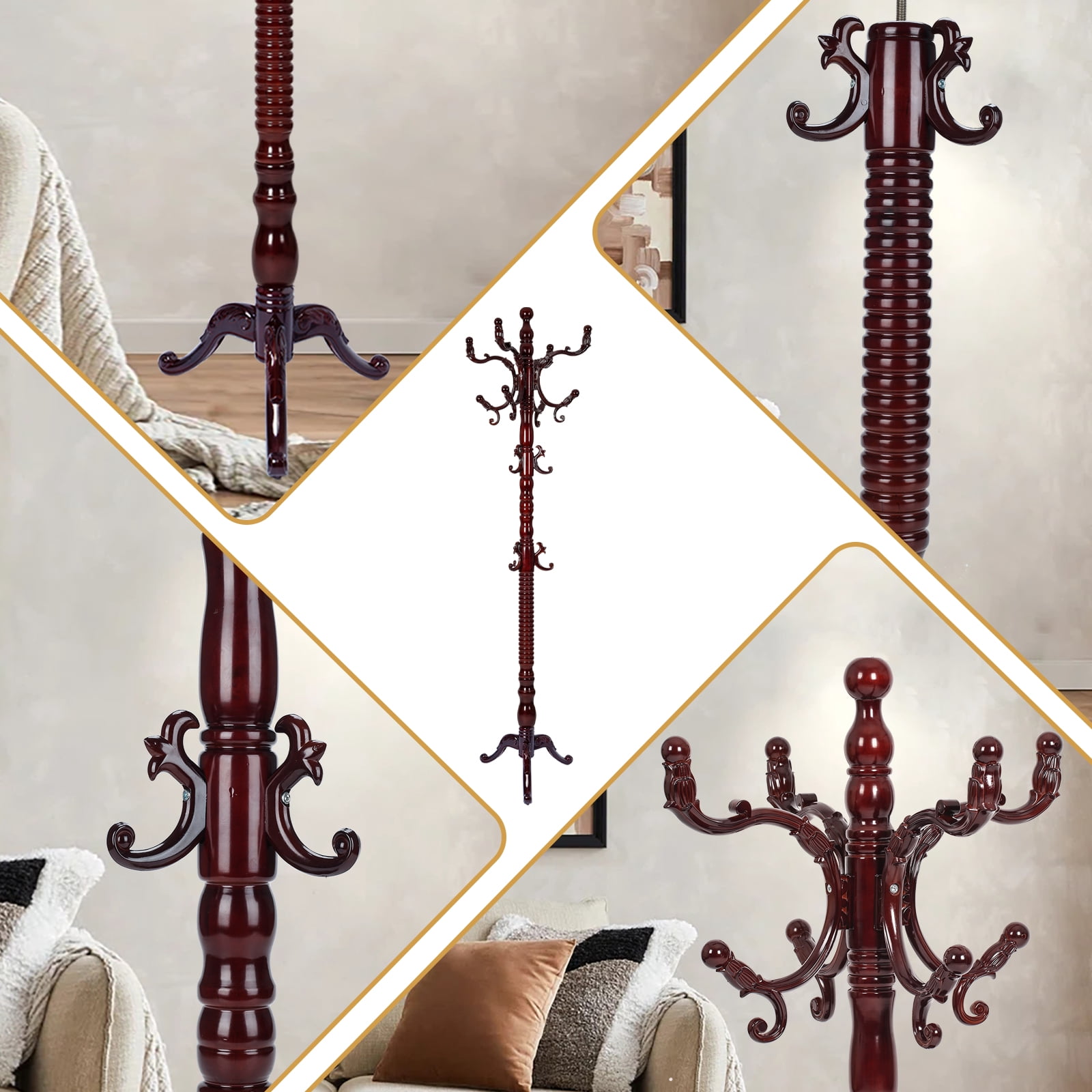 Freestanding Wooden Coat Rack, Natural Birch Wood Coat Tree with 14 Hooks, Sturdy Hall Tree for Entryway & Office