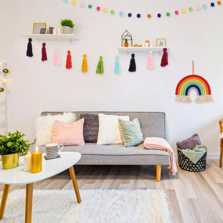 Handmade Rainbow Pom Pom Garland Decoration Kids Room Baby Shower Pastel  Decor