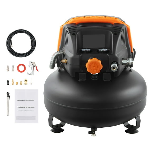 KFFKFF 6 Gallon Air Compressor, 1.7HP 2.3CFM@90PSI Portable Pancake Air Compressor & 150PSI Max Pressure, 12-Piece Accessory Kit with 25FT Air Hose for Tire Inflation, Spray Painting