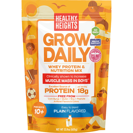 Healthy Heights Grow Daily Boys 10+ Shake Mix Powder  Plain  18g Protein  1.43lb