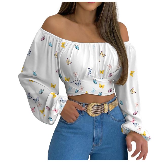 Blusas cortas de manga larga sin tirantes con hombros descubiertos y manga farol fruncida para mujer Pompotops gfhjh7990