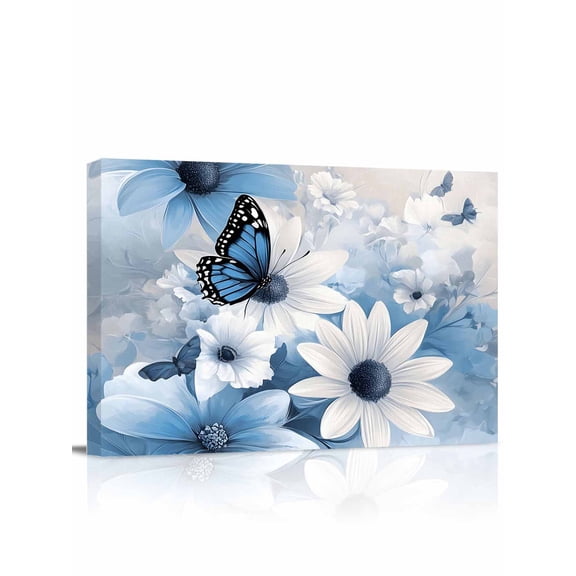 Blue White Floral Wall Art for Living Room,Canvas Picture Wall Decor for Bathroom Bedroom,Elegant Rustic Butterfly Botanical Painting Artwork for Office Kitchen Hallway Dining Room Home Decor 24"x32"