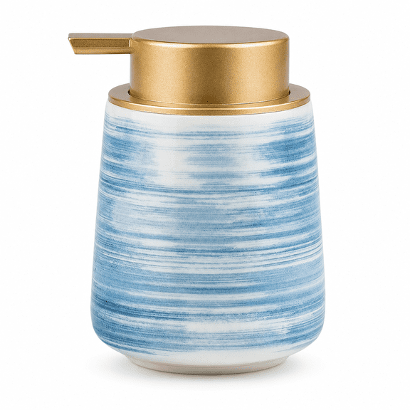 Modern Striped Style Gold Soap Dispenser for Bathroom, Ceramic Hand Soap Dispenser, Easy to Refill Liquid (Blue-Foam Pump)