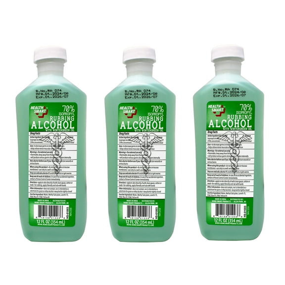 3 Pack - Health Smart 70% Isopropyl Rubbing Alcohol with Wintergreen Oil – Antiseptic & First Aid Solution, 12 oz