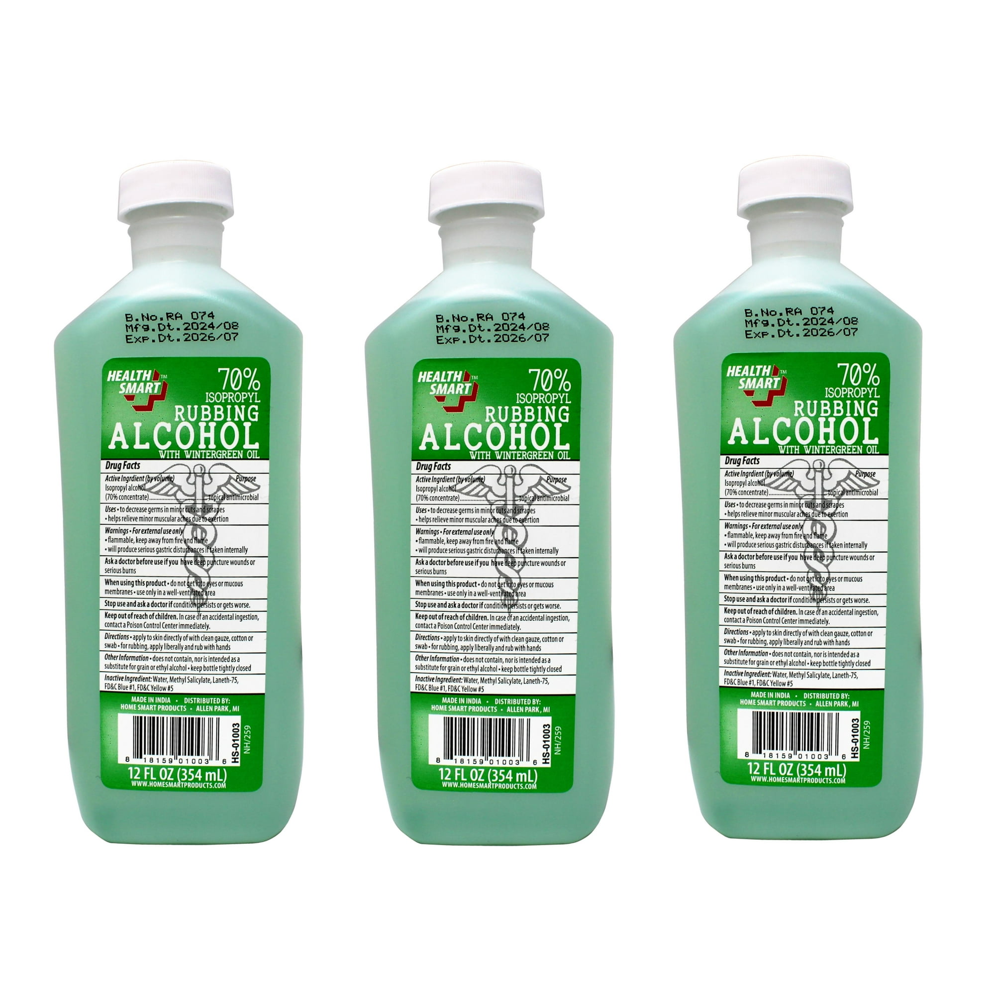 3 Pack - Health Smart 70% Isopropyl Rubbing Alcohol with Wintergreen Oil – Antiseptic & First Aid Solution, 12 oz
