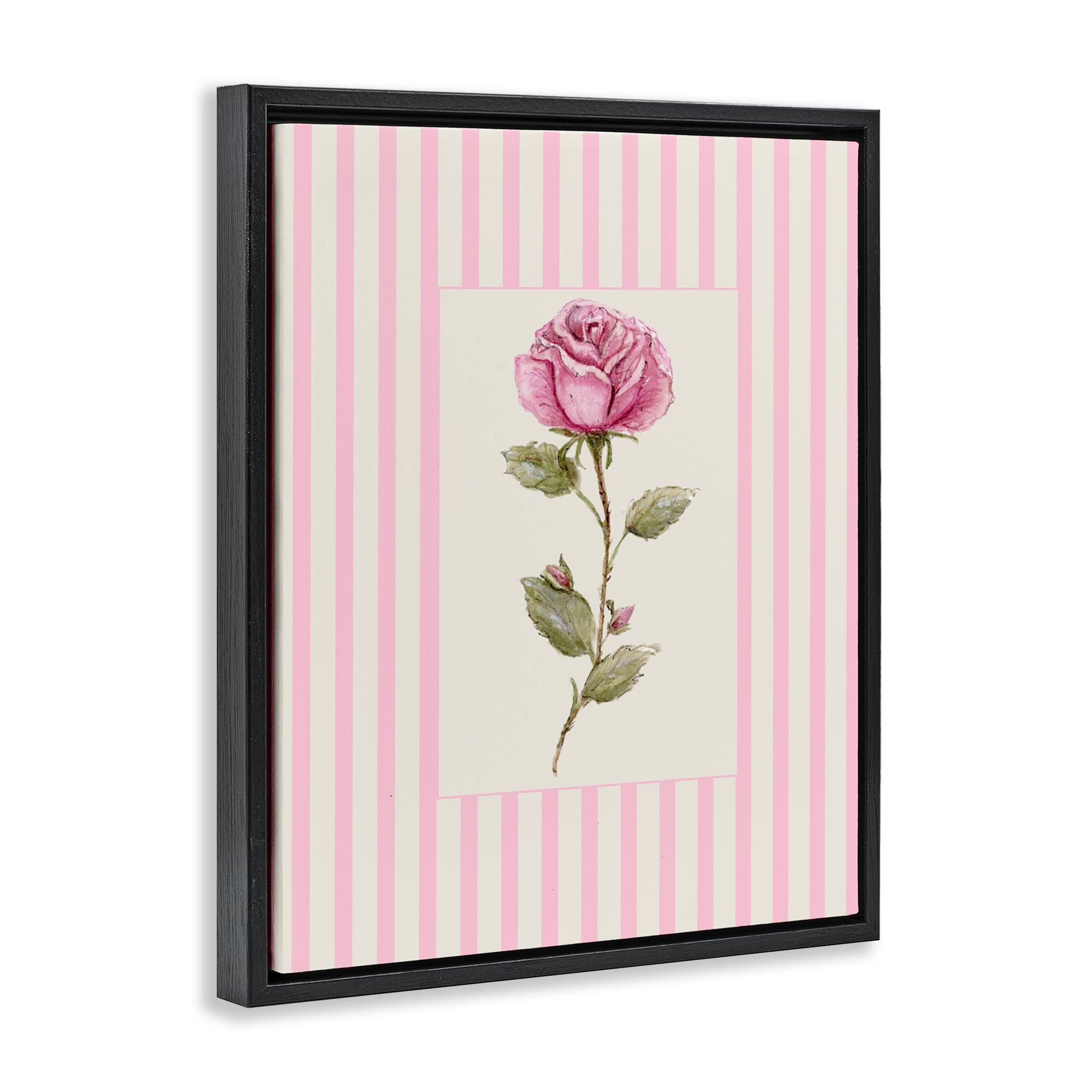 Pink Stripe Rose Black Framed Floater Canvas Wall Art, design by Lisa Wehmeyer