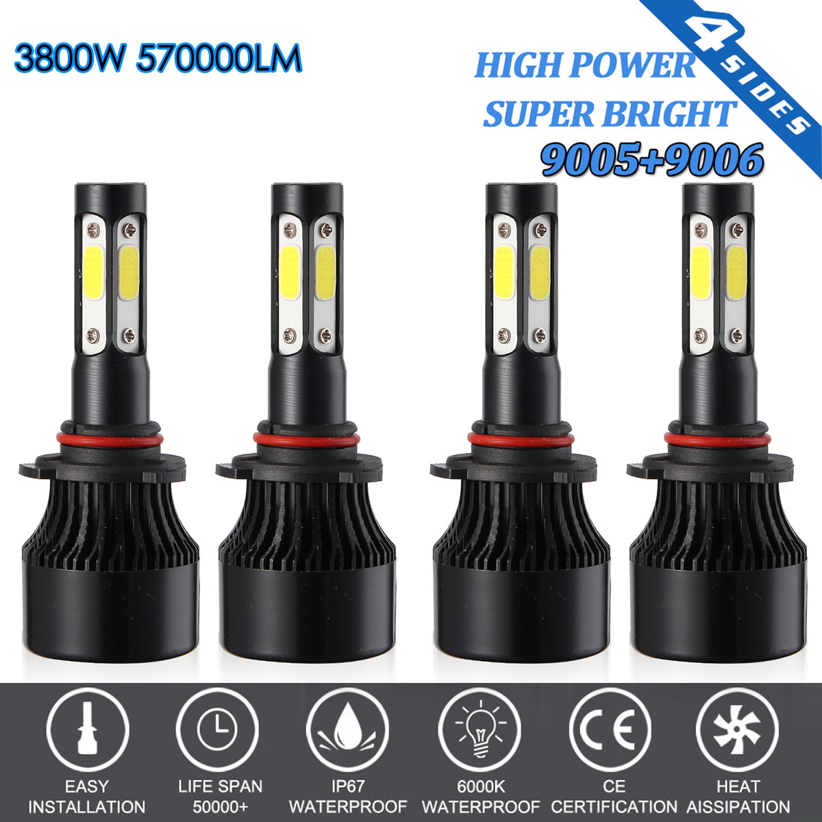 4-sides H7+H11 Combo Total 2Pairs 3800W 570000LM LED Headlight Kit High Low Beam 
