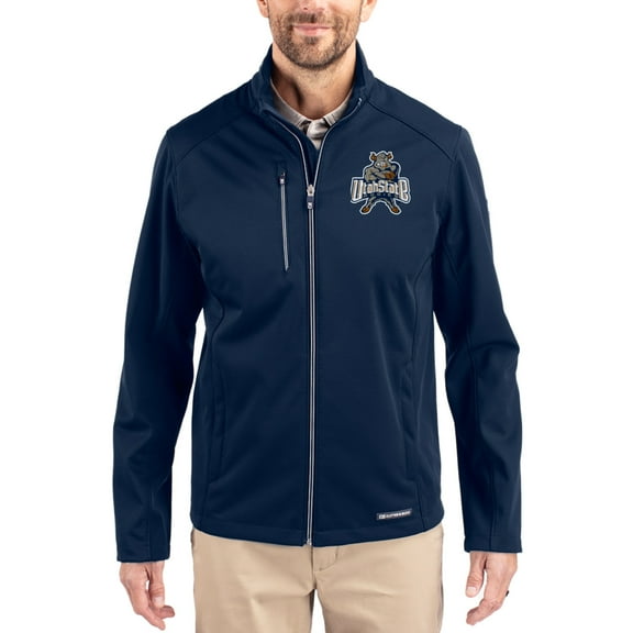 Men's Cutter & Buck Navy Utah State Aggies Evoke Eco Softshell Recycled Full-Zip Jacket