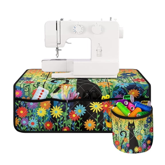 HELLHERO Floral and Black Cat Sewing Machine Mat Storing Accessories Premium Fabric Beautiful & Practical Fusion Scratches Proof Washable 25.2in×24.4 Inch