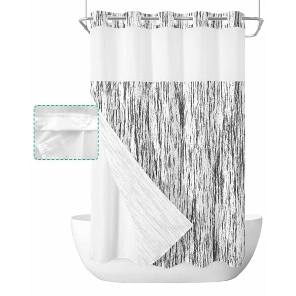 No Hook Shower Curtain with Snap in Liner, Abstract Geometric Ombre Gradient Gray Tree Grain Hotel Shower Curtains for Bathroom, Washable Shower Curtain Liner Set with Mesh Top Window, 36"x72"