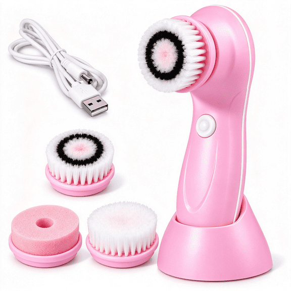 Musment Facial Cleansing Brush, Pink, with 3 Brush Heads, Rechargeable, IPX6 Waterproof